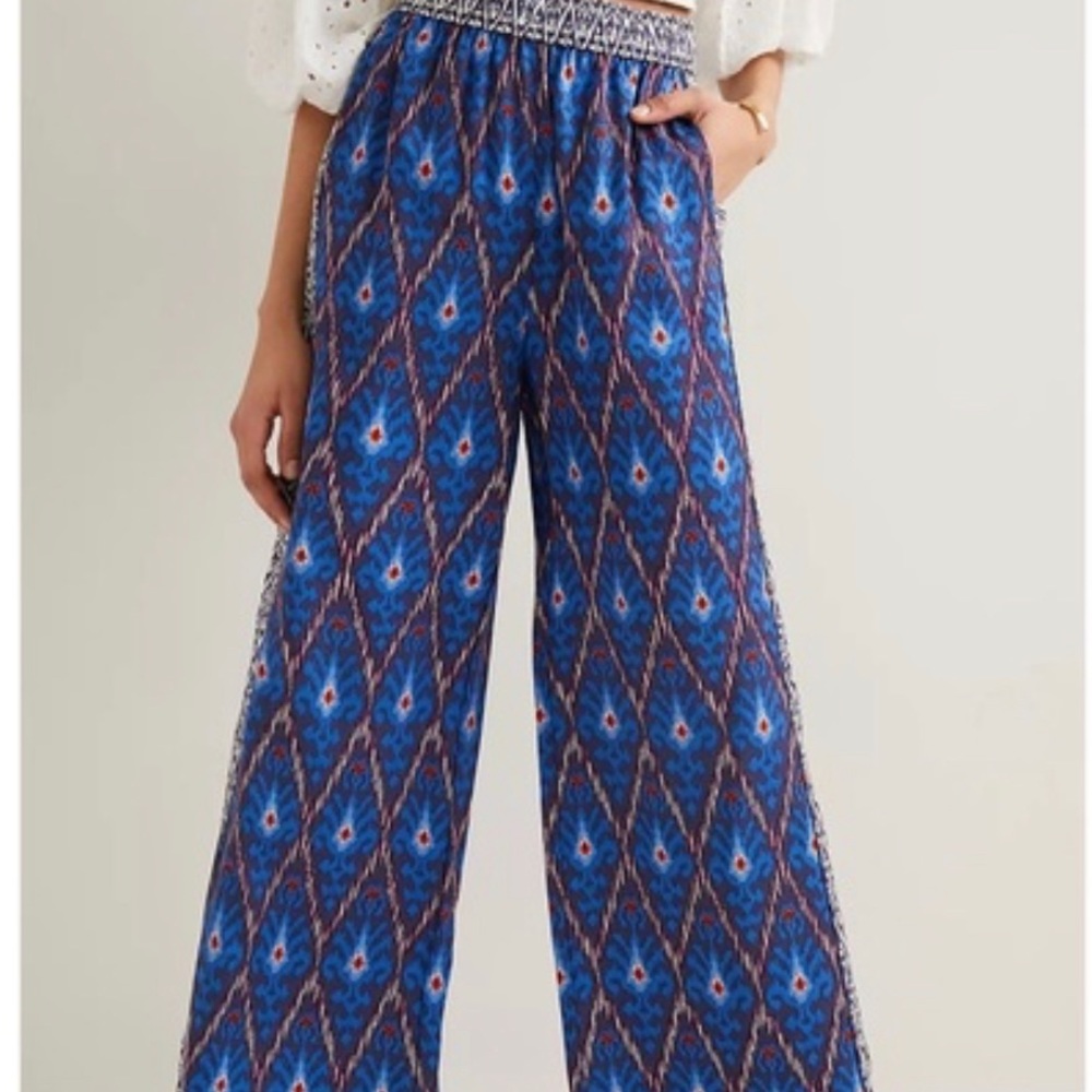Anthropologie Blue Patterned Wide-Leg Pants